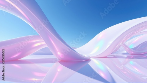 Abstract fluid shapes, pastel colors, smooth curves. Reflective surface creates symmetrical visual impact. Light plays across forms.
