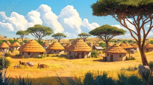 African village landscape with thatched huts. Sunny day, dry grassland, and large trees