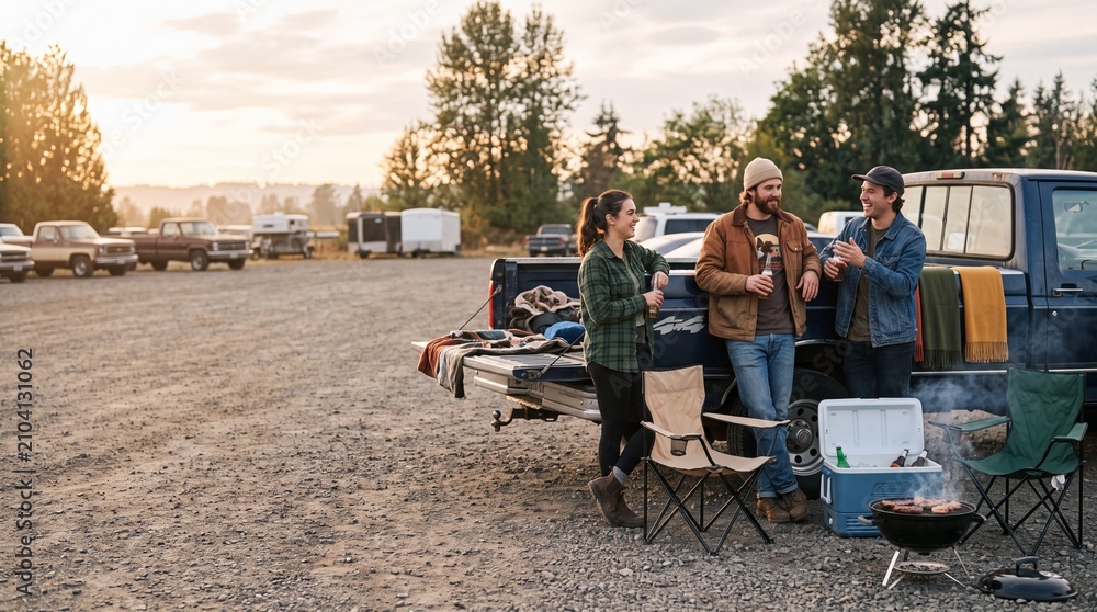 Fototapeta premium Friends with drinks gathered at pickup truck tailgate with smoking barbecue grill and cooler in gravel parking lot at sunset before game day fun.