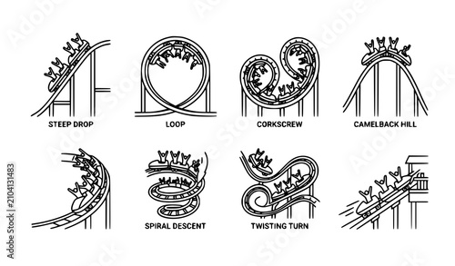 Schilderij op canvas Roller coaster line icon set with steep drop, loop, corkscrew, camelback hill an