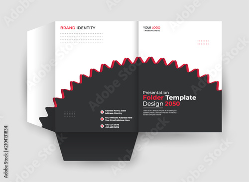 Modern Black & White Corporate Presentation Folder Template with Red Abstract Wave Design