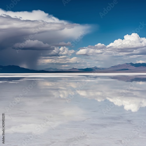 Breathtaking Salt Flats Landscape with Dramatic Clouds and Mirror Reflection.