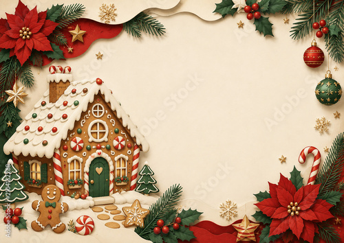 Whimsical gingerbread house Christmas frame with candy cane details, gingerbread man, poinsettias, holly, ornaments, fir branches, snowflakes, and blank space.