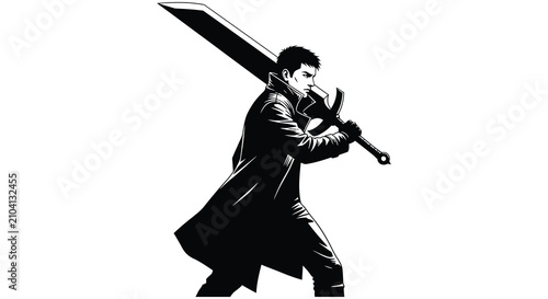 Schilderij op canvas Warrior with sword dynamic pose black and white silhouette soldier