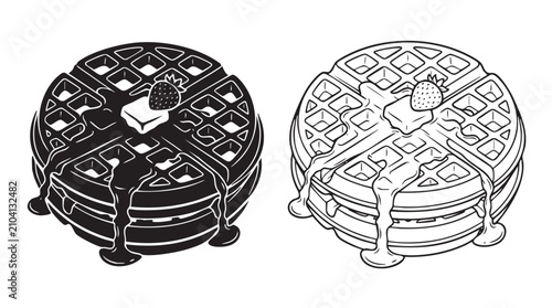 Tableau sur toile waffle silhouette with line art vector icon, strawberry and cream swirl