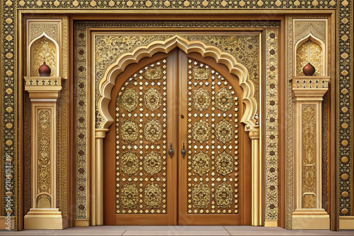 Royal Indian palace entrance door, traditional Rajasthani ornamentation, decorative brass details, minimalist vector illustration