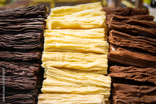 Traditional Argentine chocolate en rama flaky chocolate branches assorted on display