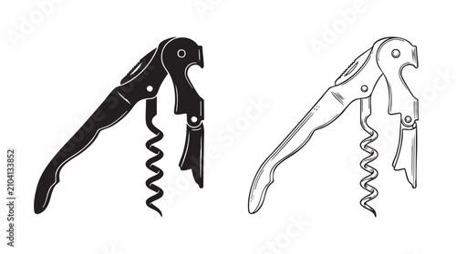wine opener silhouette with line art vector icon featuring tool, kitchen, utility