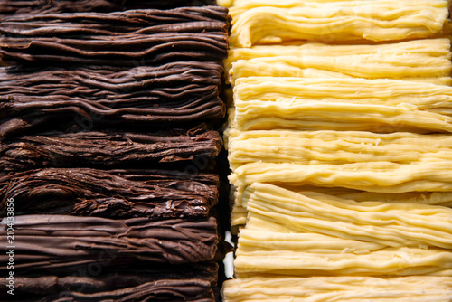 Traditional Argentine chocolate en rama flaky chocolate branches assorted on display