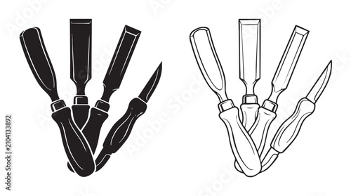 Tableau sur toile silhouette with line art vector icon of wood carving tools in crossed hands conc