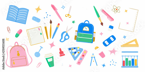 Quadro su tela School Supplies Illustration With Colorful Stationery And Scientific Equipment