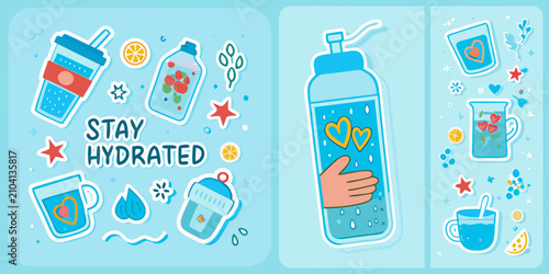 Photography Water bottles citrus fruits and glasses colorful vector illustration