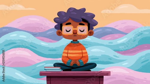 Child practicing mindful breathing at classroom desk with pastel calming waves