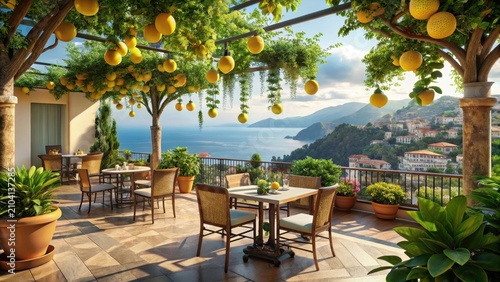 Sun drenched terrace cafe overlooking the amalfi coast with lemon trees