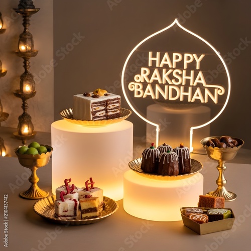 Premium Happy Raksha Bandhan Sweets Fest Featuring Traditional Festive Desserts and Elegant Neon Celebration Signage Decor