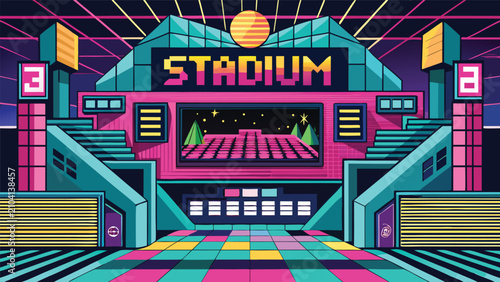 Foto Neon style stadium arena exterior with large screen display architecture buildin