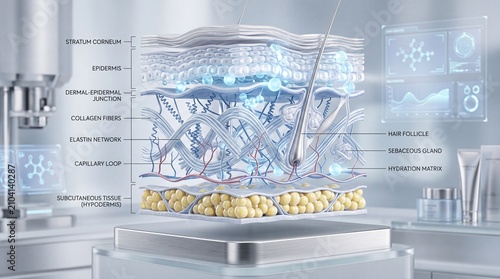 Cross section of human skin showing stratum corneum epidermis dermal epidermal junction collagen fibers elastin network capillary loop subcutaneous tissue hair follicle sebaceous gland hydration