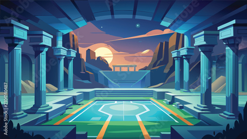 Canvastavla Ancient temple ruin with pillars and central pool at sunset architecture histori
