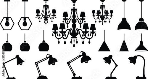 Foto Ornate Chandeliers and Modern Pendant Light Silhouettes Furniture Icon Set for I