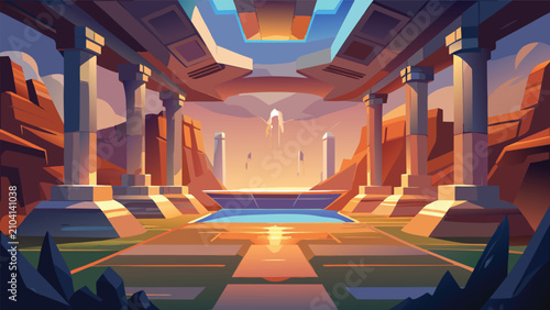 Konstfotografi Majestic fantasy temple interior with pillars and reflecting pool interior archi