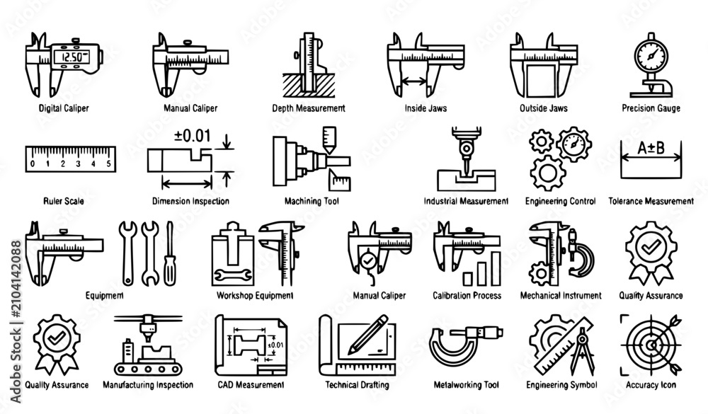 Fototapeta premium Precision Vernier Caliper Outline Icon Collection for Engineering Vector Set