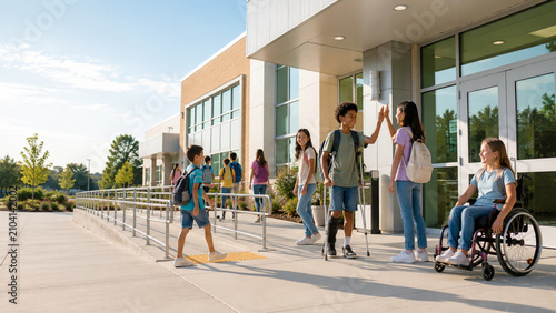 Diverse students arriving at an accessible school entrance on the first day