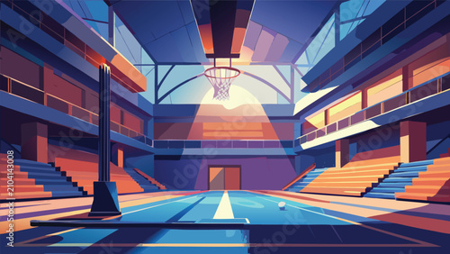 Empty indoor basketball court with bleachers and basketball hoop at sunset basketball gymnasium bleachers lighting training ballgame competition athletic perspective architecture interior