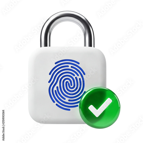 Принти на полотні 3D biometric padlock with fingerprint and verified check mark