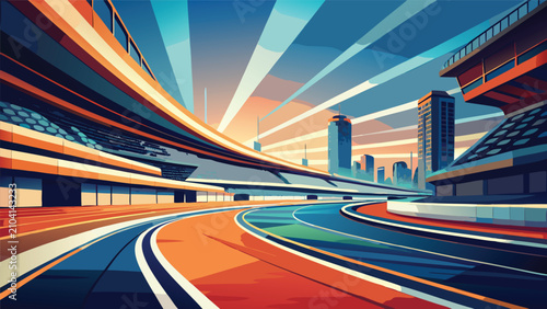 Modern racing circuit track at sunset with urban cityscape background speedway motorsport transport competition racecourse
