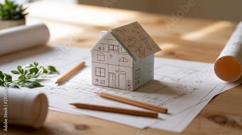Paper House Model on Architectural Blueprint with Pencils and Plans