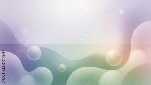 Soft pastel spheres float gently in dreamy, hazy light. Gentle colors blend seamlessly, creating calm, ethereal mood.