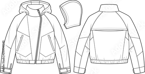 Bild auf Leinwand Technical asymmetric zip hooded bomber jacket fashion flat sketch elastic hem te