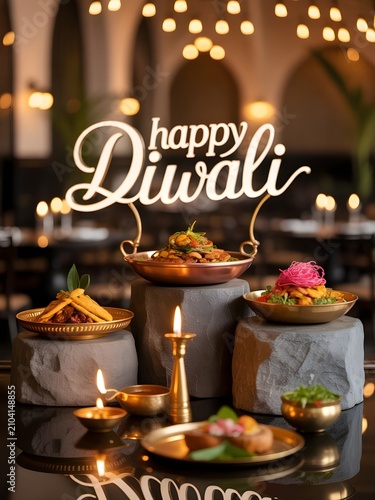 Festive Gourmet Celebration Table Featuring Authentic Traditional Indian Dishes and Glowing Oil Lamps for a Joyous Diwali Festival