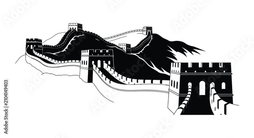 Fotografie Great Wall Of China Silhouette Black And White Architectural Illustration