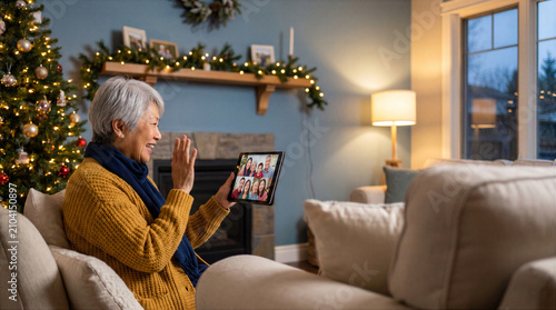 Asian senior woman waving during Christmas family video call in cozy holiday living room