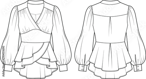 Fotografi Technical wrap ruffle peplum blouse fashion flat sketch long bishop sleeve top d