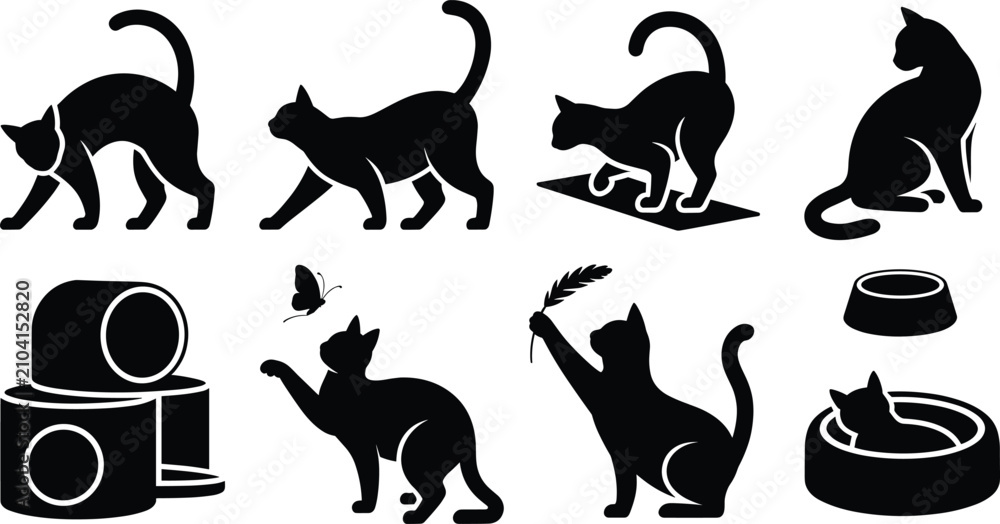 Naklejka premium Cat Silhouette Illustration Set Featuring Playful, Curious, and Relaxed Feline Poses with Accessories and Toys