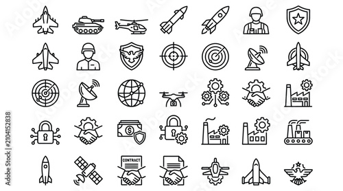 Bild auf Leinwand Military Icons Set Line Art Style Black And White Collection