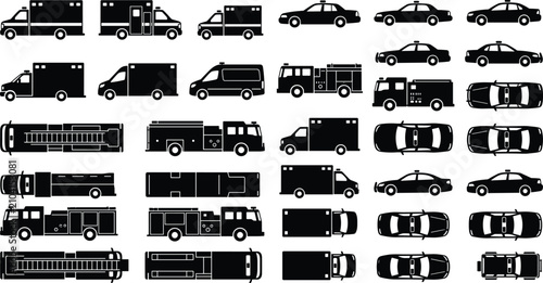 Photos Professional emergency vehicle silhouettes including police cars fire trucks and ambulances side top views