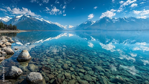 Breathtaking mountain landscape reflection in a crystal clear turquoise alpine lake.