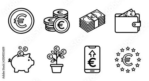 Euro Money Icons, Finance Symbols, Investment Growth, Piggy Bank, Wallet, Mobile Banking, Vector Set
