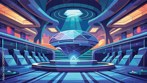 Bild auf Leinwand Futuristic sci-fi interior with giant glowing crystal gemstone interior futurist