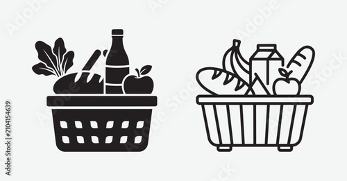 Grocery Shopping Basket Icon Set Black and White Supermarket Food Vector Illustration