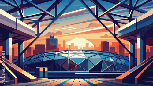 Futuristic domed stadium complex under sunset sky with architecture building futuristic structure exterior construction perspective geometric contemporary landmark metropolis development