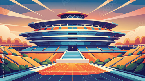 Large modern circular stadium building exterior facade with architecture building circular exterior structure stadiums construction geometry gradient artistic illustration panoramic