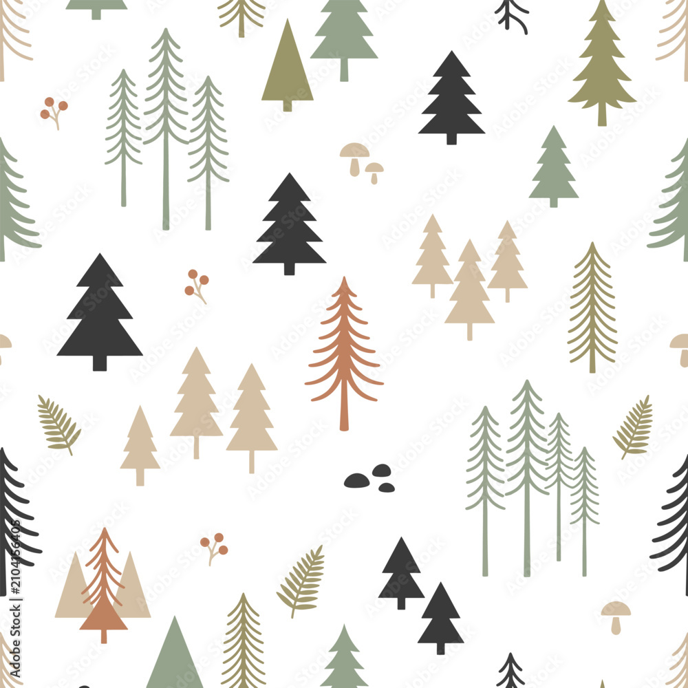 Obraz premium Minimal Woodland Forest Seamless Pattern Background Design Collection