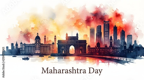 Watercolor skyline of Mumbai celebrating Maharashtra Day with vibrant colors