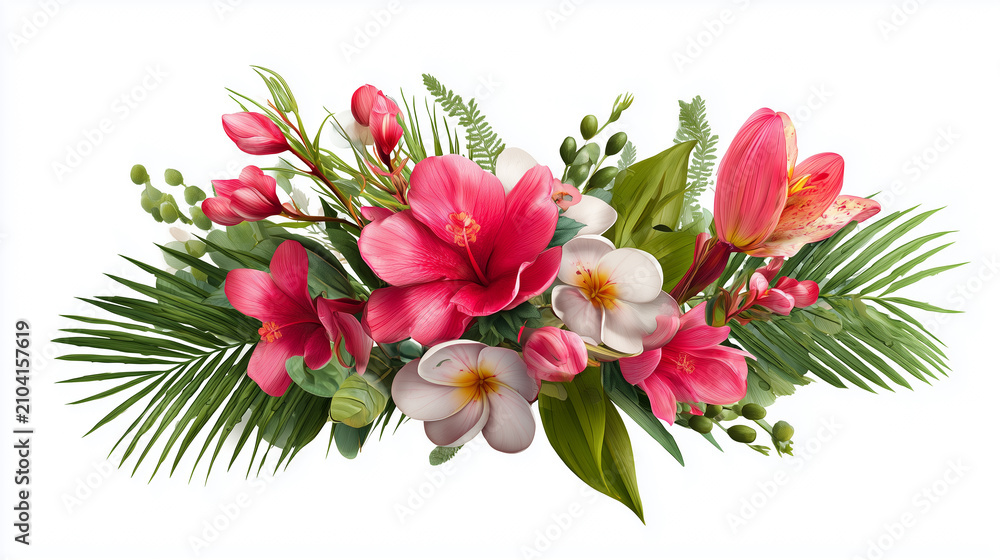 Obraz premium Elegant Bouquet of Pink Roses with Fresh Blooming Flowers and Green Leaves Isolated on White Background for Spring Floral Celebration