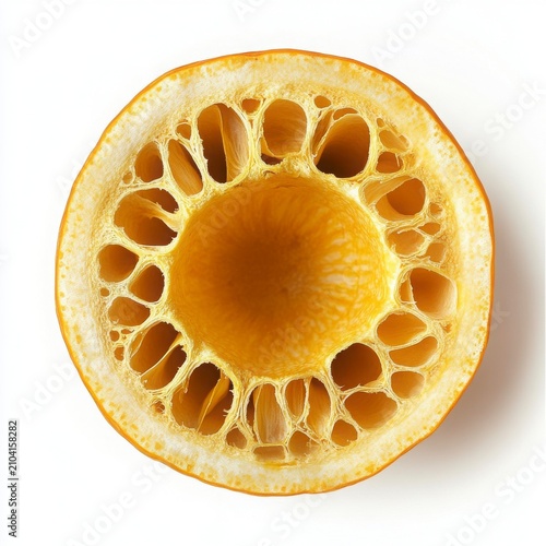 Close Up View of a Citrus Fruit Cross Section Showing Detailed Cellular Structure on a White Background