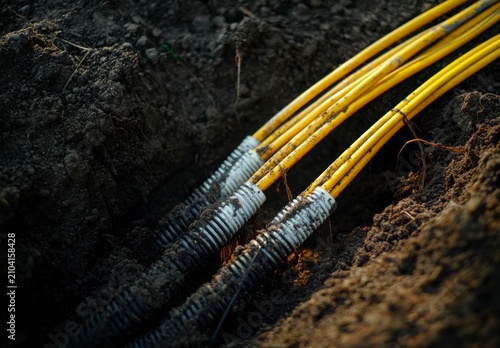 Close Up View Of Yellow Electrical Cables In A Trench